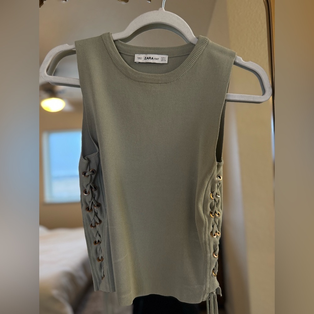 Zara Sage Green Lace-Up Tank Top